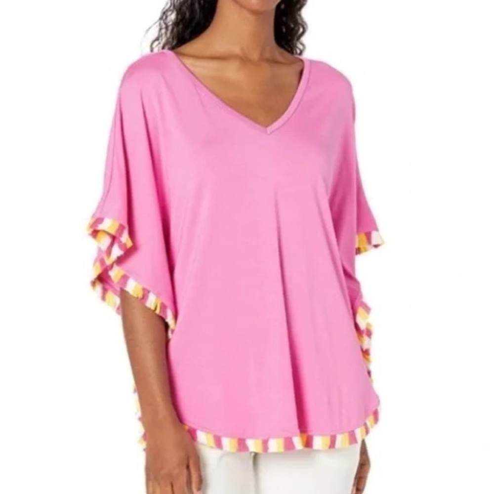 Trina Turk Defino Fringe Trim Caftan Top Pink Tasseled Vacation Womens Small